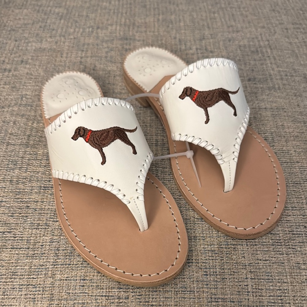 New! Jack Rogers leather sandals with chocolate Labrador dog embroidery